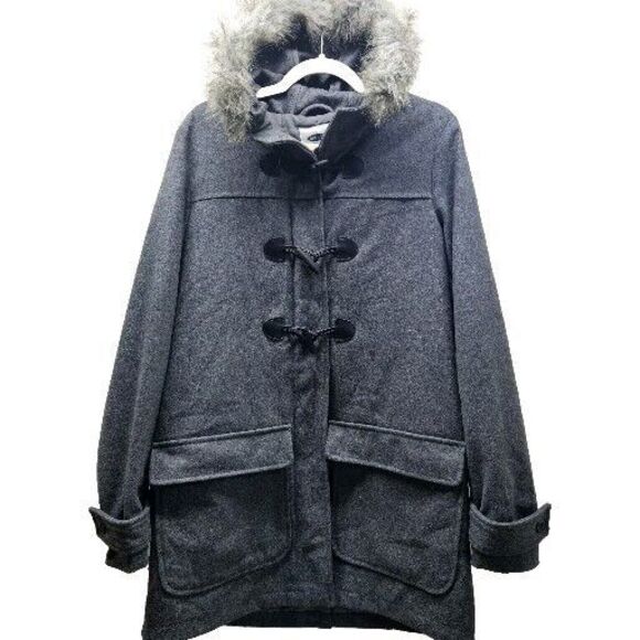OLD NAVY Womens Gray Faux Fur Hooded Wool Peacoat Medium Tall - Picture 1 of 10